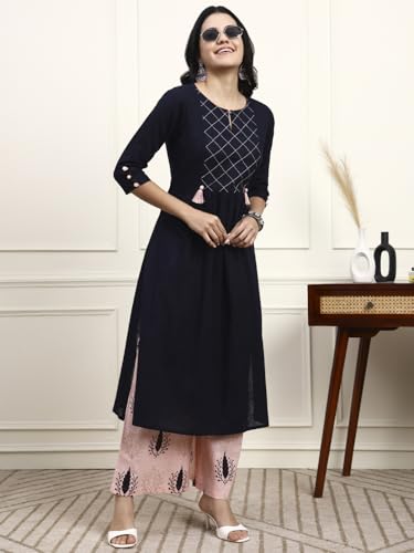 Image of idaLia Cotton Straight Kurta Set for Women with Palazzo 3 /4 Sleeve, Round Neck Designer Kurta with Palazzo Pant Set