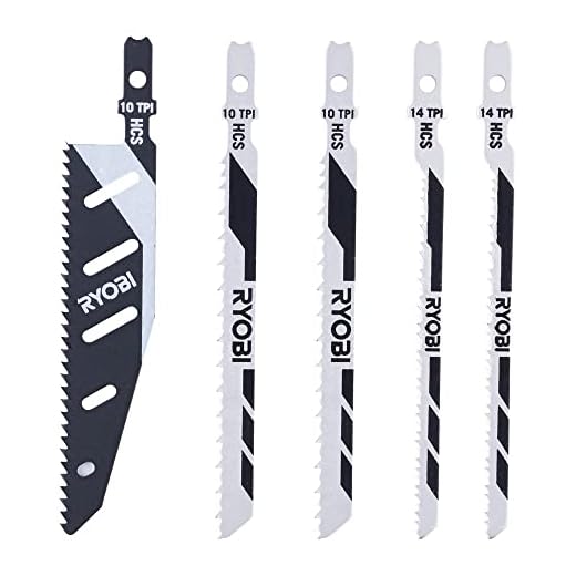 RYOBI - Juego de 5 Hojas para Sierra de Calar - 1 Hoja de Bayoneta para Madera/Plástico Flushcut, 2 Hojas de Calar para Madera, 2 Hojas Invertidas para Madera/Plástico - Montaje Universal - RAK05JSBFC