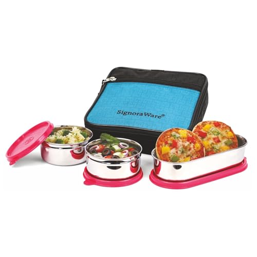 Image of SignoraWare Health Bite Stainless Steel Lunch Box | Airtight & Leakproof | Compact & Easy to Carry | Ideal for Meal Prep, Travel & Everyday Use (350ml x 2 + 650ml | Set of 3 | Red)
