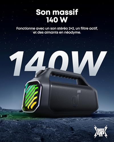 Soundcore Boom 2 Plus Enceinte Bluetooth puissante, 140W, 2+2 canaux stéréo, BassUp 2.0,Charge Rapide 30W, 20h, IPX7, lumières RGB, USB-C, pour l'extérieur, Le Camping, la Plage et Le Jardin