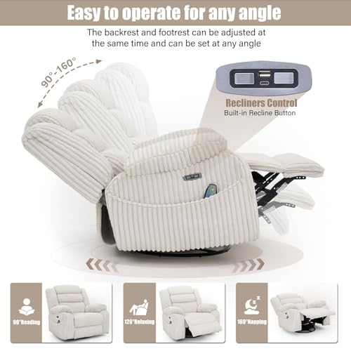 Power Swivel Rocker Recliner Chair for Adults with Massage and Heat, USB and Type-C Charging Port, Infinite Position, Electric Glider Rocking Chairs for Living Room, Nursery, Pale Grey