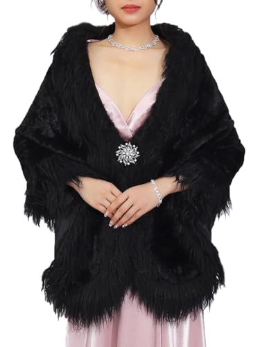Unicra Women's Wedding Faux Fur Shawls and Wraps Cloak Cape Long Bridal Fur Scarf Stole with Brooch for Bride and Bridesmaids