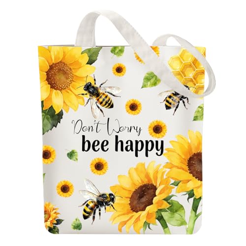 ANATTASOUL Bolsa de lona de algodón reutilizable para mujer, duradera y plegable, con bolsillos con cremallera para compras, vacaciones, trabajo, gimnasio, Girasoles y colmenas