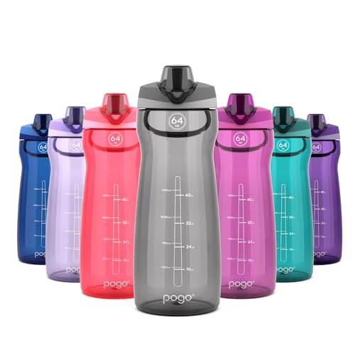 Image of Pogo 64oz Plastic Water Bottle with Leak-Proof Chug Lid and Carry Handle, Reusable, BPA Free, Capacity Markings, Dishwasher Safe, Perfect for Travel, School, Outdoors, and Gym, Grey