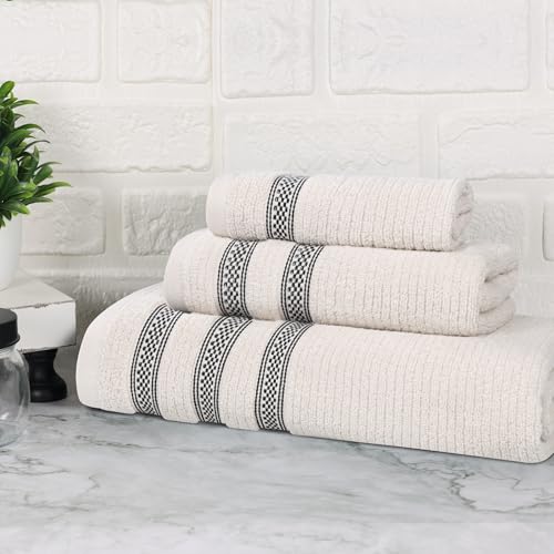 SUPERIOR Cotton 3-Piece Towel Set, Zero Twist, Ribbed Geometric, Bathroom Essentials, Shower, Spa, Luxury Plush Soft Absorbent Towels, Includes 1 Bath, 1 Hand, 1 Washcloth/Face Towel, Stone