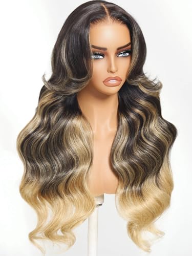 Image of Beauty Forever Bye Bye Knots Golden Blonde Highlights Glueless Human Hair Wig Face Framing Loose Body Wave 7x5 HD Lace Closure Ombre Blonde Wig 150% Density Pre Plucked Pre Cut Wear and Go Wigs 20inch