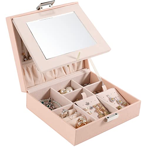 Tikea Pink Jewelry Box Organizer - Small Jewel Case w/ Mirror for Teen Girls Women, Earring Holder Storage Box for Ring Necklace Bracelet Watch