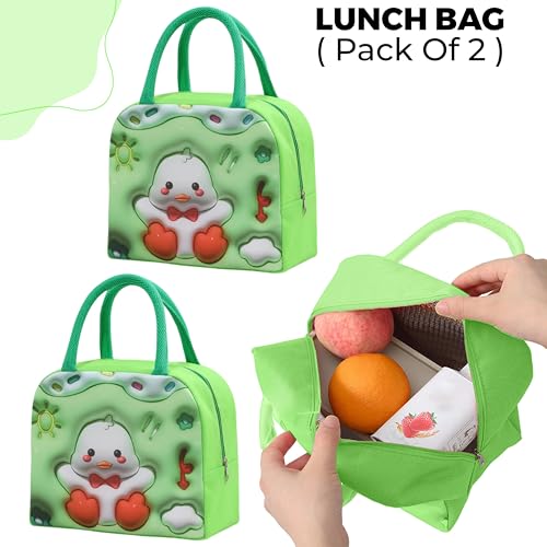 Image of Kraptick Printed Lunch Bag - Insulated Travel Tiffin Bag for Kids & Adults, Reusable Lunch Bag for Office, School Meal Organizer (Green White Duck) (Pack of 2)