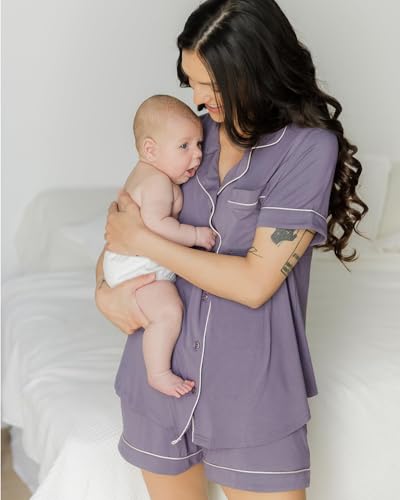 Image of Kindred Bravely Clea Short Sleeve Pajama Set, Maternity & Nursing Sleepwear | Soft button-down breastfeeding sleepwear with pockets and elastic waist, breathable for pregnancy through hospital and beyond