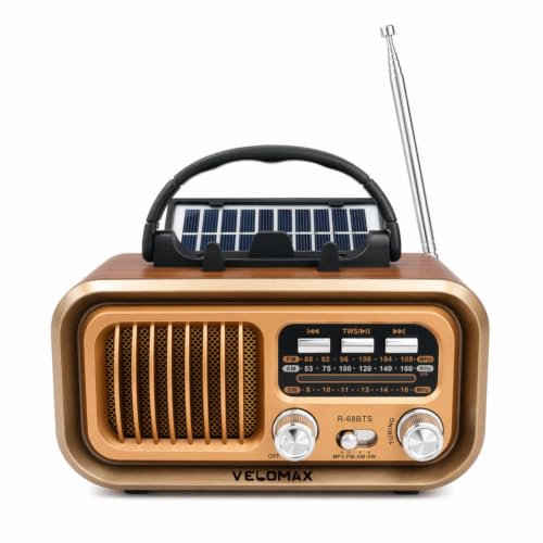 Image of VELOMAX Radio FM for Home with Speaker, FM Radio with Bluetooth 5.0, AM /FM /SW Portable Retro Radio with Solar Panel, USB-C Charging, Rechargeable Battery, USB & TF Card Playback