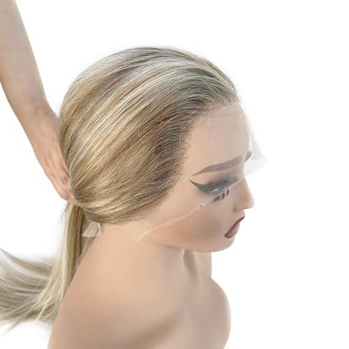 Image of Highlight 13x4 HD Lace Front Wig Human Hair 22 Inch Balayage Ash Brown to Beige Blonde to Platinum Blonde Human Hair Lace Frontal Wig for White Women Glueless Wigs 180% Density Colored Remy Hair Wigs