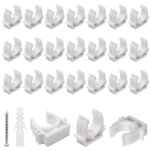SWZHAI 24Pcs Pipe Clamps 1 inch (25mm), Pipe Hangers PVC Water Pipe Support Tubing, Clips Fit for 20mm OD Pipes, Plastic U-Shaped Tubing Buckles With Screws, White