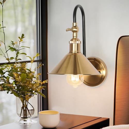 Image of Black Gold Wall Sconces, Adjustable Modern Sconces Wall Lighting with Brass Metal Shade for Hallway, Bathroom, Bedroom, Kitchen and Living Room