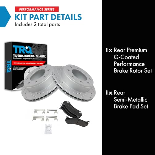 Image of TRQ Performance Rear Brake Pad & Rotor Set Semi Metallic Drilled Coated Compatible with 99-07 Chevrolet Silverado 1500 2500 HD Suburban 2500 00-07 GMC Sierra 1500 2500 HD Yukon 2500 03-09 Hummer H2