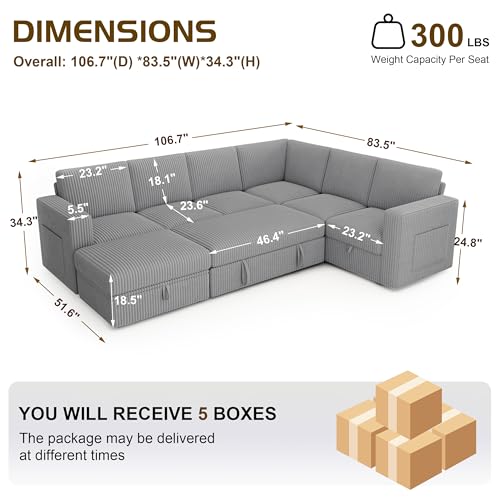 Image of 106.7 inch Corduroy Sectional Sleeper Sofa, Pull Out Couch with Storage, Gray | 7 Seat Comfy Couches for Living Room, Apartments, or Guest Spaces; Sectionals Modular Sofa Design, Comfortable Seating.