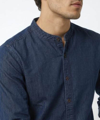 Image of Amazon Brand - INKAST Men Washed Cotton Twill Denim Casual Button Down Shirt | Mandarin Collar | Full Sleeves | Regular Fit | Stylish Summer - Everyday Wear