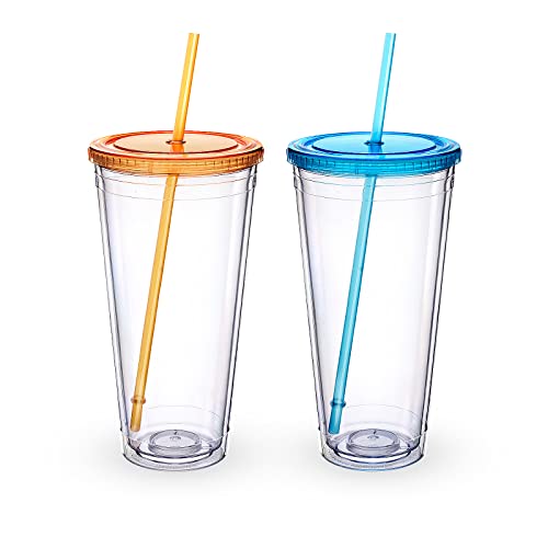 Luxfuel 32 oz Acrylic Tumblers with Lid & Straws, Double-Walled Insulated Clear Plastic Drink Cup, BPA-Free, Reusable Iced Coffee Cups for Parties, Birthdays, Graduation, Fits Car Cup Holder