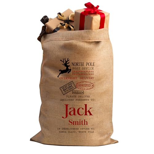 Personalised Christmas Santa Sack Stocking Xmas Sack Extra Large Hessian Traditional Stocking Christmas Bag Reusable Holiday Present Bag (North Pole Reindeer)