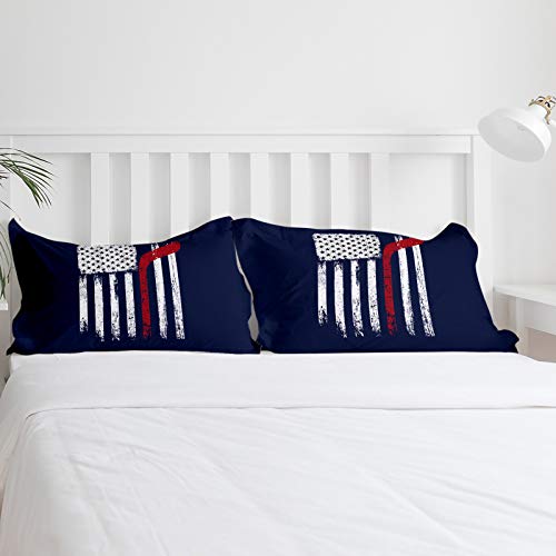 Luxury 4 Piece Bedding Set Full Size, American Flag with Red Hockey Stick Patten Duvet/Comforter/Quilt Cover Set with Bed Sheet Pillow Shams for Kids/Teens/Adults/School Sport Blue Backdrop - Thumbnail 4
