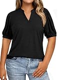 Eytino Womens Plus Size Tops V Neck Puff Short Sleeve Summer Loose Casual Solid Tees Shirts,3X Black