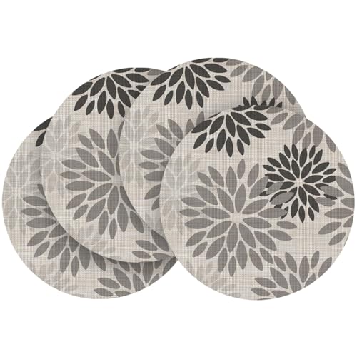Artoid Mode Lot de 4 sets de table ronds en PVC - Motif dahlias gris - 36 cm - Résistants aux taches et à la chaleur - Décoration de cuisine