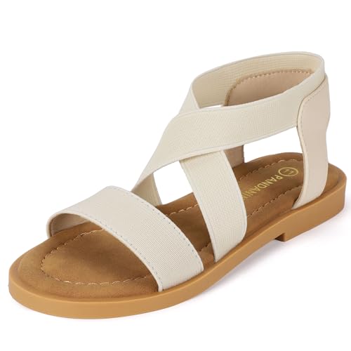 Image of PANDANINJIA Girls Sandals Slip-on Elastic Ankle Cross Strappy Gladiator Dress Sandals Flats Summer Shoes Little Big Kids Sandals