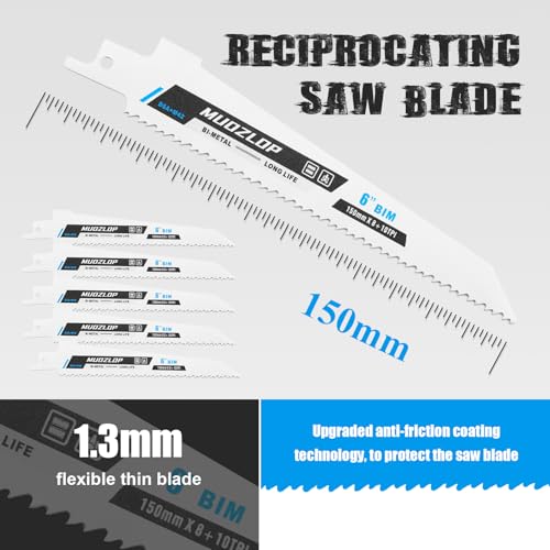Image of 5 Pack 6 inch Reciprocating Saw Blades Set, 8+10TPI High Carbon Saw Blades, Metal Saw Blades with Organizer Case (5, 8+10TPI /6 inch)