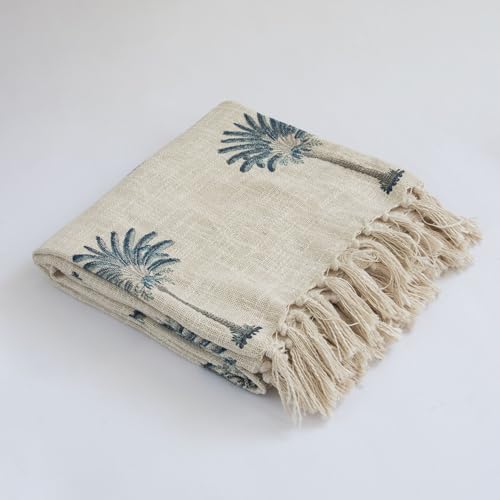 Image of Handwoven Cotton Sofa Throw Blanket with 2 pcs Cushion Covers Lightweight Decorative Couch & Bed Throw (Pack of 3, Blue Palm Tree)