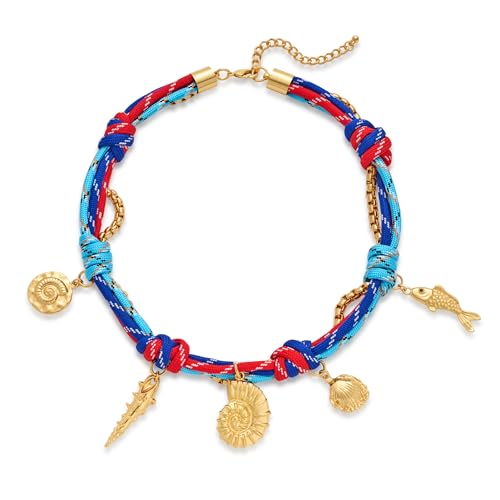 Gold Sea Shell Charms Necklace For Women With Trendy Hand Braided Rope Seashell Conch Necklace Summer Beach Necklaces Fashion Starfish Necklaces Jewelry Gift