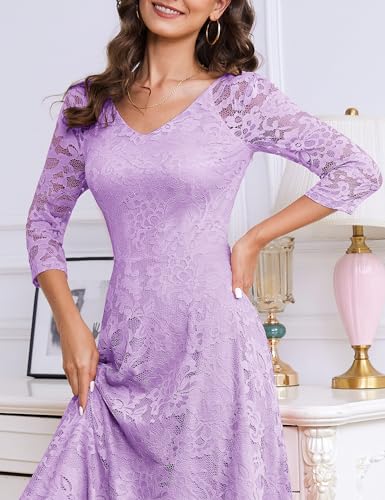 Image of Dressystar Womens Long-Sleeve Wedding Guest Dress A-Line Lace Formal Party Cocktail Midi Dress Prom Gown