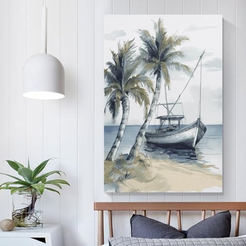 Impression sur toile palmiers et bateau de pêche pour déco murale