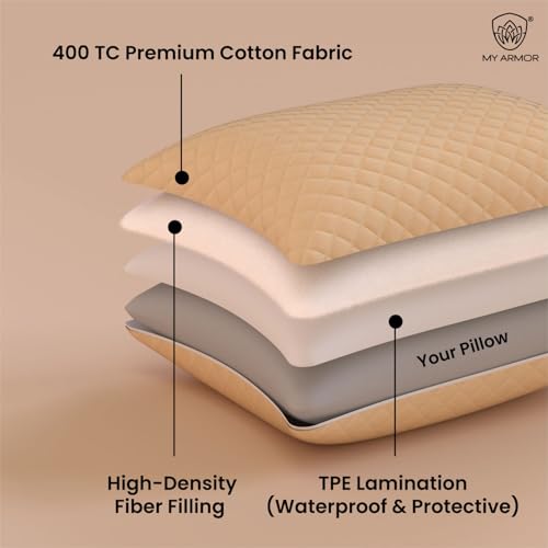 Image of MY ARMOR Waterproof & Dustproof Cotton Quilted Pillow Cover Protectors, Standard Size | 220+ GSM- Set of 2, Beige (18 inch x28 inch)