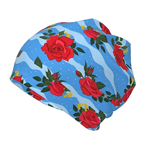 Rqzwdq Red Blue Rose Pattern Kids Beanie Winter Knit Hats Warm Skull Cap for Boys and Girls Teens