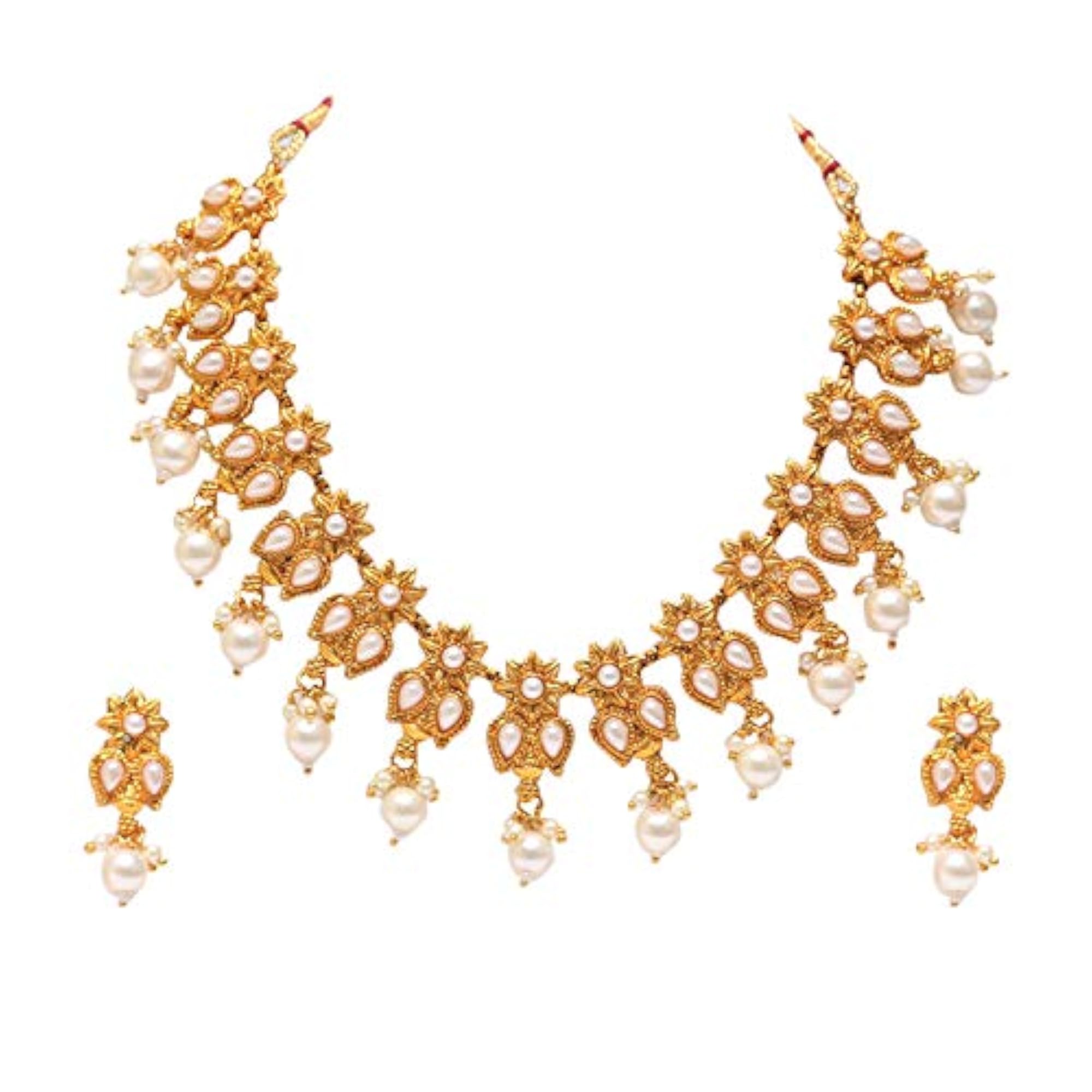 Elegant Gold-Plated White Stone Necklace Set with Pearl Drops