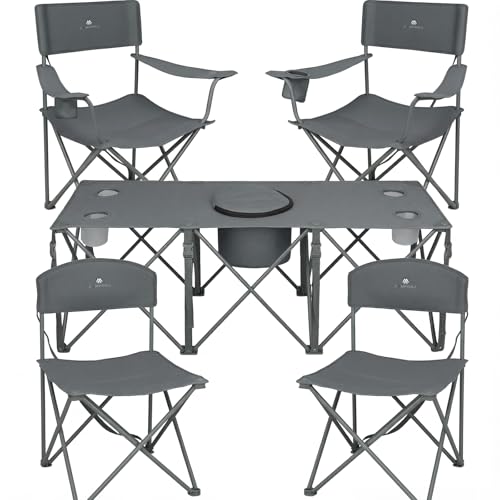 Camping Chair Set of 5,Outdoor Folding Lawn Chairs with Table for Adults,Heavy Duty Collapsible Chair Include Four Single Chairs and Camping Table with Cooler Bag for Travel Fishing Sport Picnic,Grey