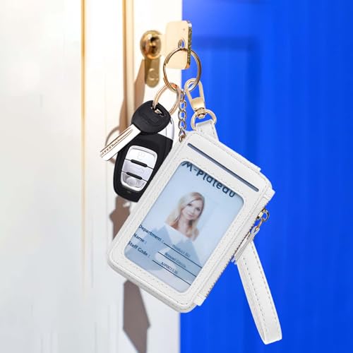 Image of M-Plateau RFID Blocking Keychain Wallet With Leather Wrist Strap | Keychain Wristlet, Womens Card Holder with Zipper Coin Pocket and ID Window (White)