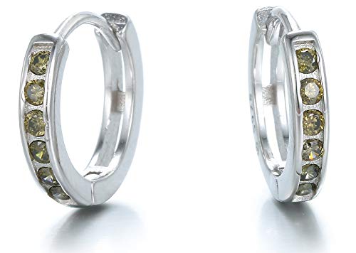 Aros Plata de Ley 925 con Olivina (Peridoto), Pendiente de aro fino con cierre de bisagra,  Diámetro: 12 mm. Plata Autentificada en Laboratorio de Metales Preciosos de Madrid