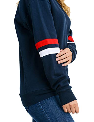 esstive Women's Ultra Soft Fleece Lightweight Casual Stripe on Sleeves Varsity Solid Sweatshirt, Navy, Medium