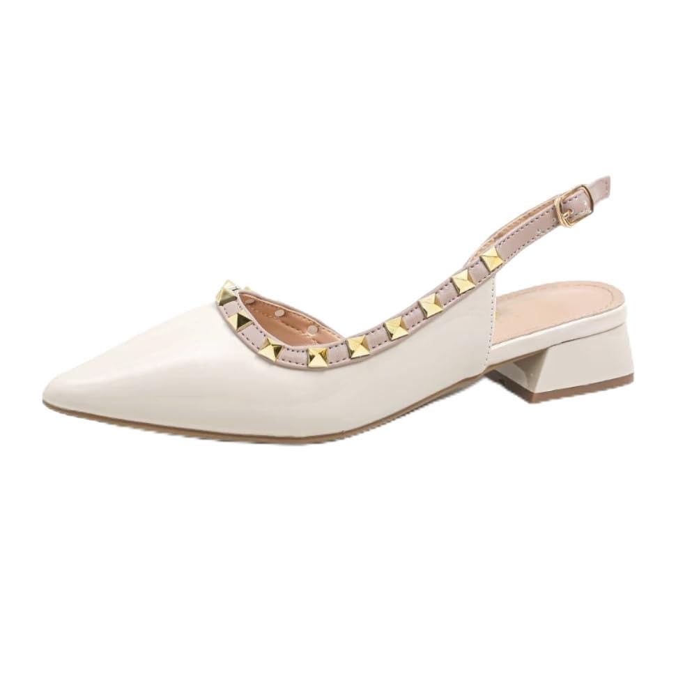 Womens Slingback Low Block Heels with Studded Closed Pointed Toe Buckle Strap Elegant Dressy Pumps Dress Shoes for Women