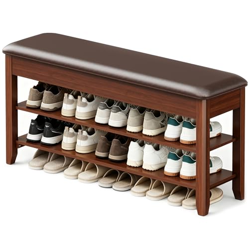 LBT Shoe Bench with Storage, Solid Rubberwood Shoe Rack Bench for Entryway | Adjustable 6.3″ Shelf Fits High-Top Shoes & Boots, Hidden Storage Compartment, Cushion Seat, Stay-Open Hinge, Walnut
