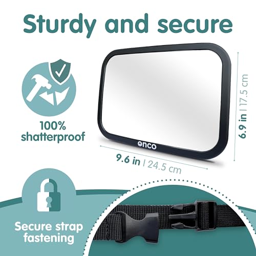 Image of Onco Baby Car Mirror Rear Facing (2 Pack) - 100% Shatterproof & Shakeproof, Award-Winning Convex Car Mirror for Baby with 360 Rotation, Newborn Essentials (9.6 x 6.9 in)