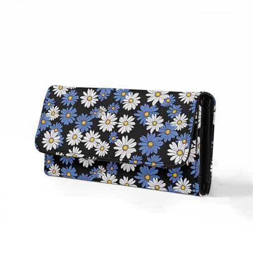 Image of AFPANQZ Dolphin Cherry Blossom Women Wallet Soft Leather Designe, Blue White Daisy Shopping Outdoor Vintage Phone Holder Pockets