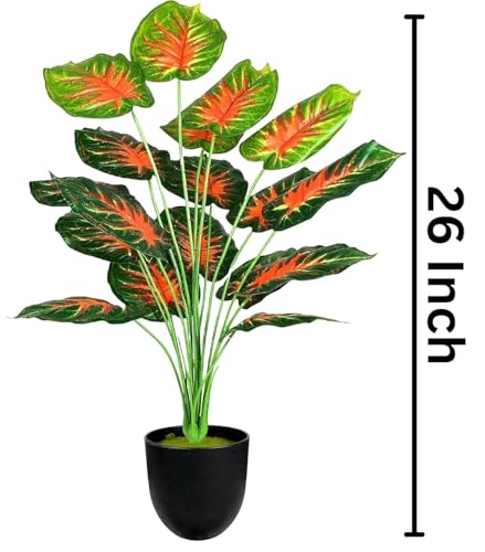 Image of Artificial Plant Tall Realistic Faux Green Plant for Indoor Outdoor Home Office Balcony Decor | No Maintenance (Red Monstera 26Inch | Black Pot)