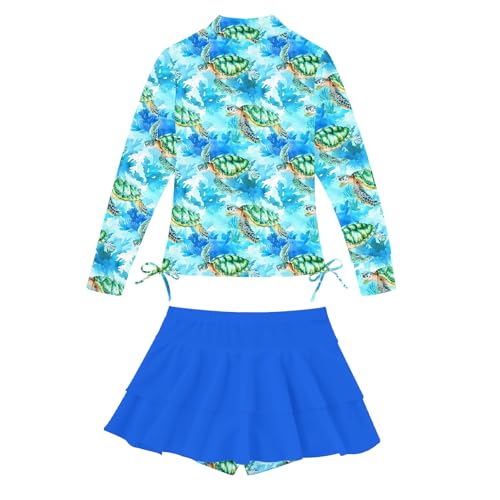 Image of Vogseek 3-12T Girls Swimsuit Long Sleeve Rashguard Bathing Suits Swim Set | Quick Dry, UPF 50+ Sun Protection, Swimming Skirt, Boyshorts, Zipper Two Piece Long Sleeve Swimsuits, Adjustable Drawstring