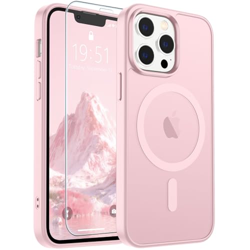 Image of SUPFINE Magnetic for iPhone 12 Pro Max Case with Screen Protector (Compatible with MagSafe) (Military Grade Drop Protection) Translucent Matte Shockproof Phone Cover,Light Pink
