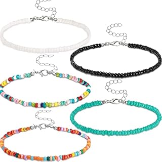 MEITREND Beaded Necklaces Choker Small Beady Necklaces,5PCS Boho Layered Necklaces Colorful Handmade Bead Bohemian Necklace With Adjustable Chain,Exotic Costume Jewellery for Women Girls Holiday