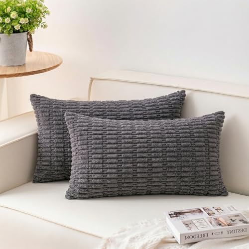 Image of Pack of 2 Corduroy Decorative Throw Pillow Covers 12x20 Inch, Dark Grey | Fall Soft Striped Pillow Covers Modern Farmhouse Home Decor Christmas Throw Pillow Covers for Sofa Living Room Couch Bed