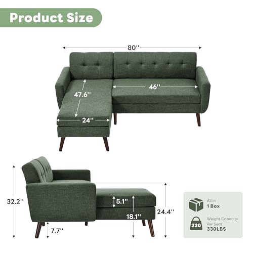 Image of Kingfun L Shaped Couch, 80 inch W Mid-Century Modern Sectional Couches, 3 Seater Sofas with Wide Chaise Lounge for Living Room, Bedroom, Green
