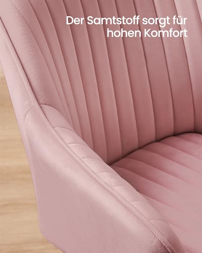 SONGMICS Esszimmerstuhl, Küchenstuhl, Sessel, Samt, Polsterstuhl mit Armlehnen, Loungesessel, bis 120 kg belastbar, Metallbeine, für Esszimmer, Küche, pastellrosa-blassgold LDC087R01