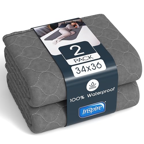 Best Washable Incontinence Bed Pads for Elderly in 2026 11 Inspire Underpads | Stain Hiding Gray Reusable Incontinence Bed Pads | Waterproof Mattress Pad | for Adults Babies and Dogs (34 X 36 - 2 Pack)
